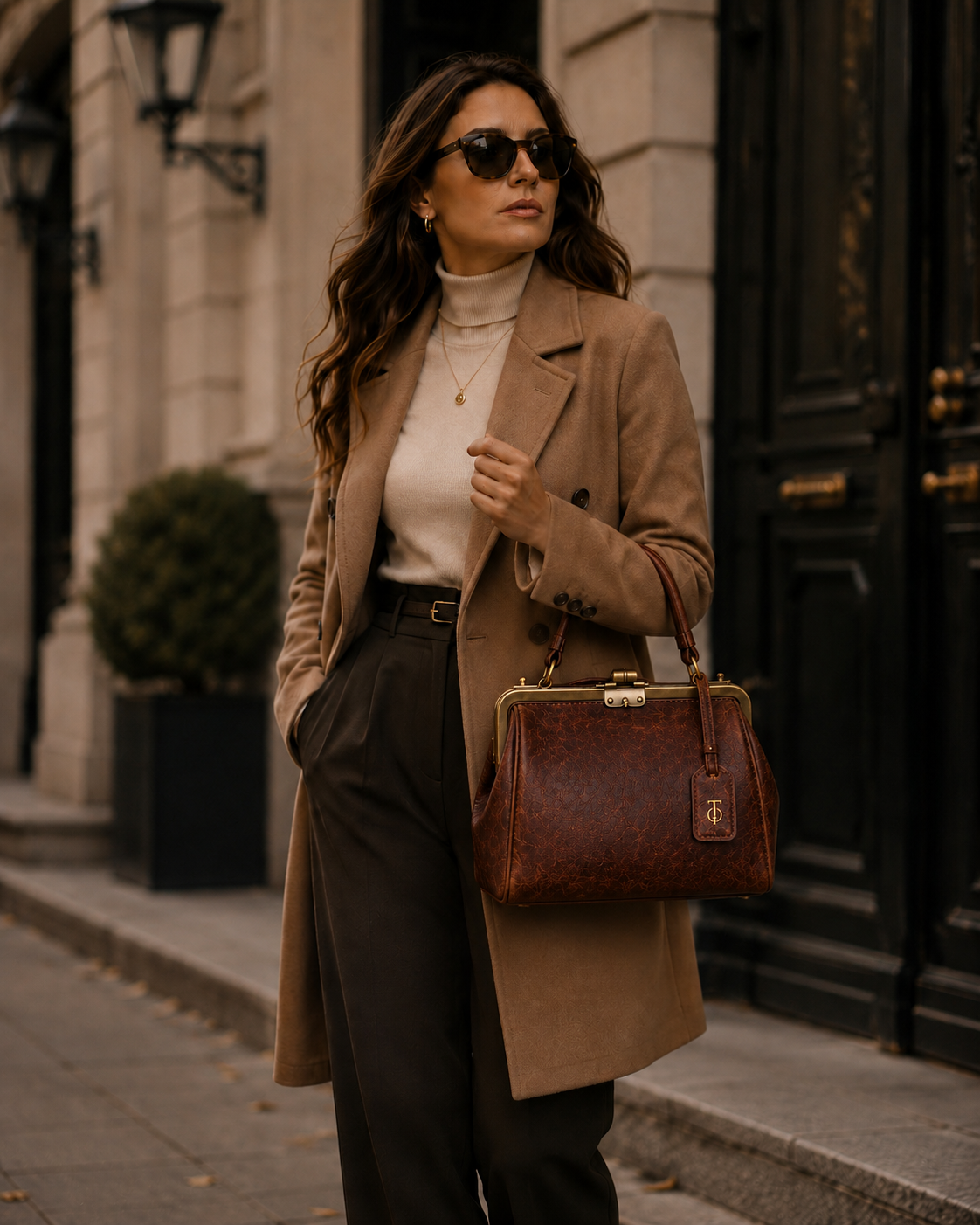 THEOLDEN Vintage Frame Bag editorial look in cognac leather